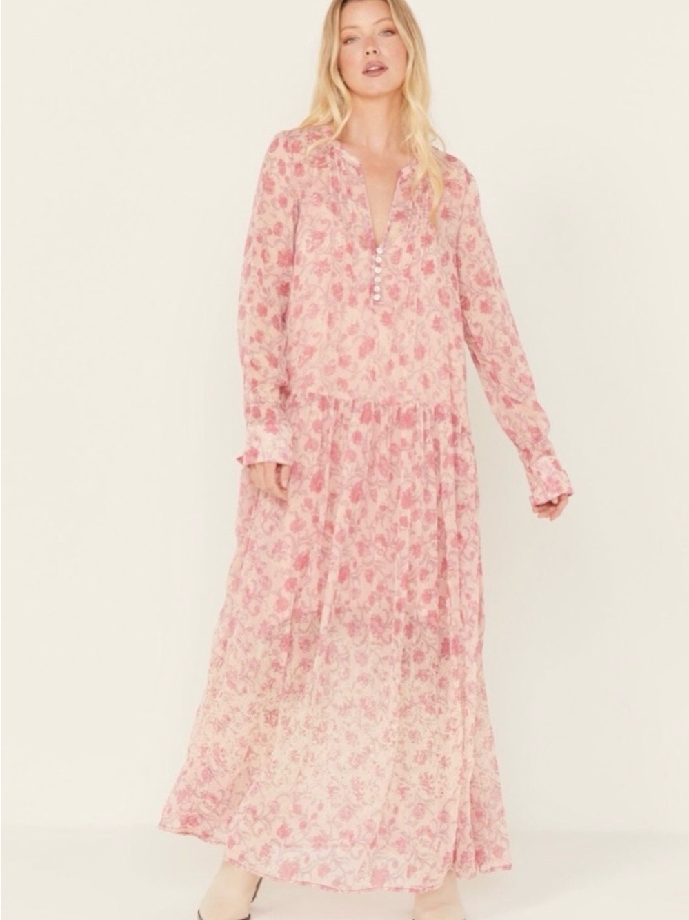 Free People Dusty Pink Floral Button-Front Maxi Dress